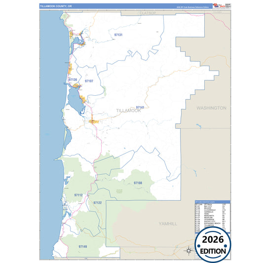 Tillamook County, OR Business Reference 5 Digit ZIP Code Wall Map