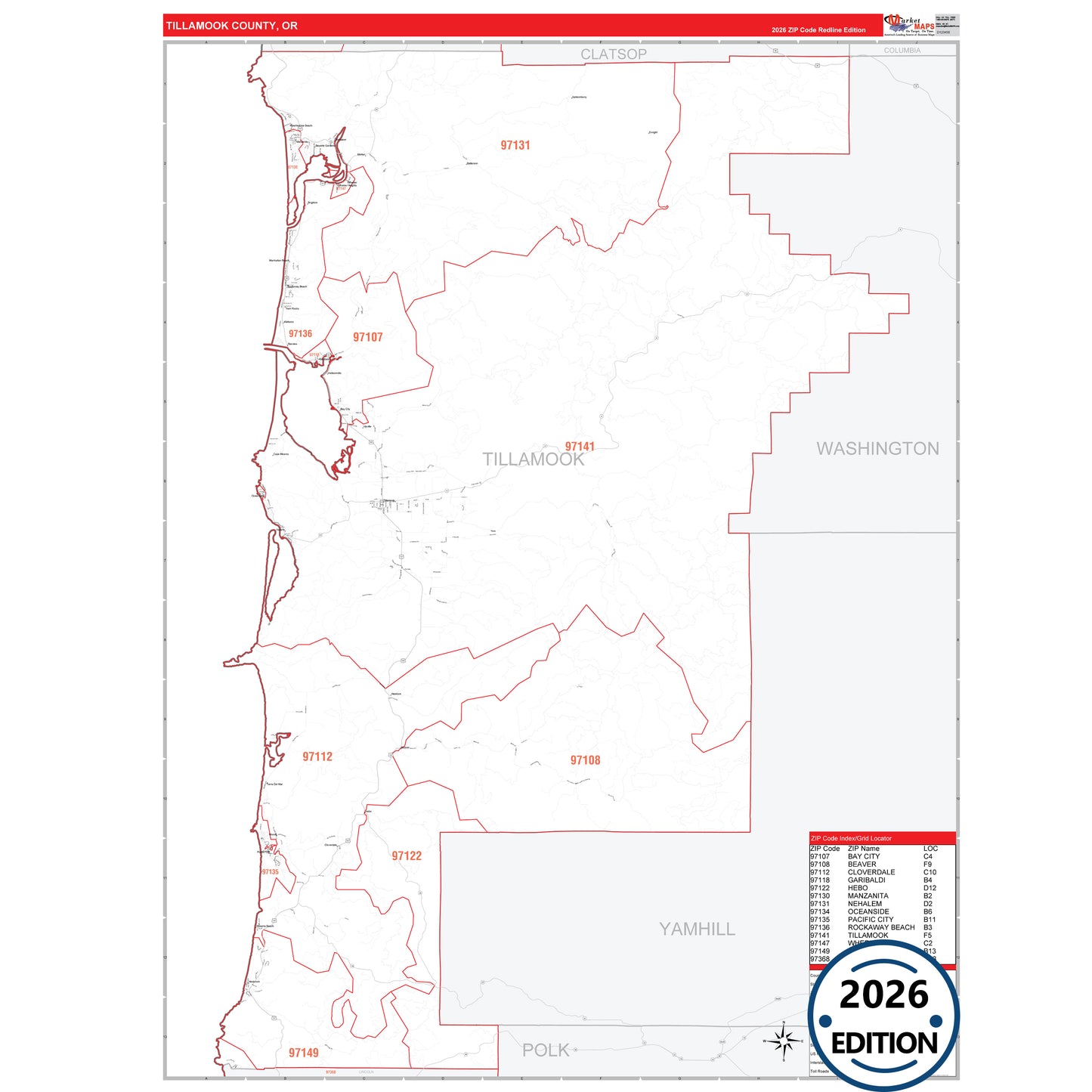 Tillamook County, OR Red Line 5 Digit ZIP Code Wall Map