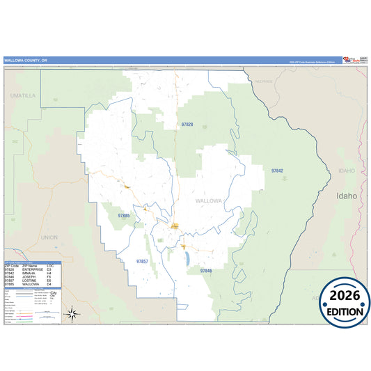 Wallowa County, OR Business Reference 5 Digit ZIP Code Wall Map