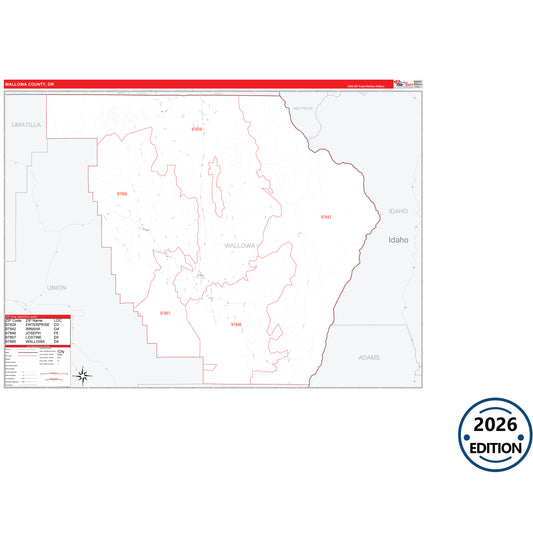 Wallowa County, OR Red Line 5 Digit ZIP Code Wall Map