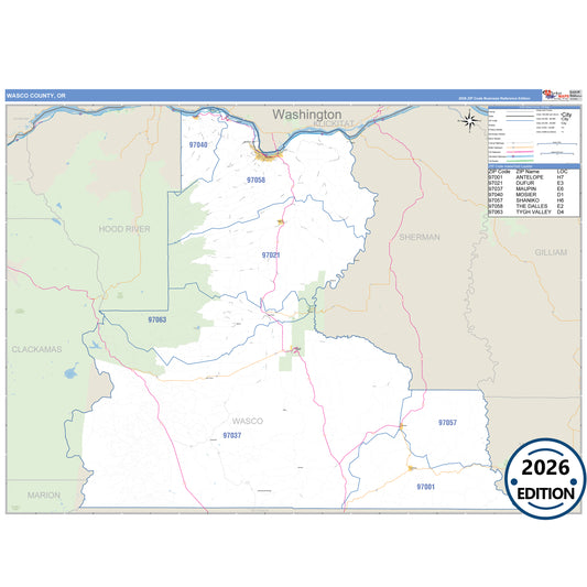 Wasco County, OR Business Reference 5 Digit ZIP Code Wall Map