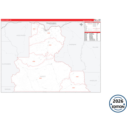Wasco County, OR Red Line 5 Digit ZIP Code Wall Map