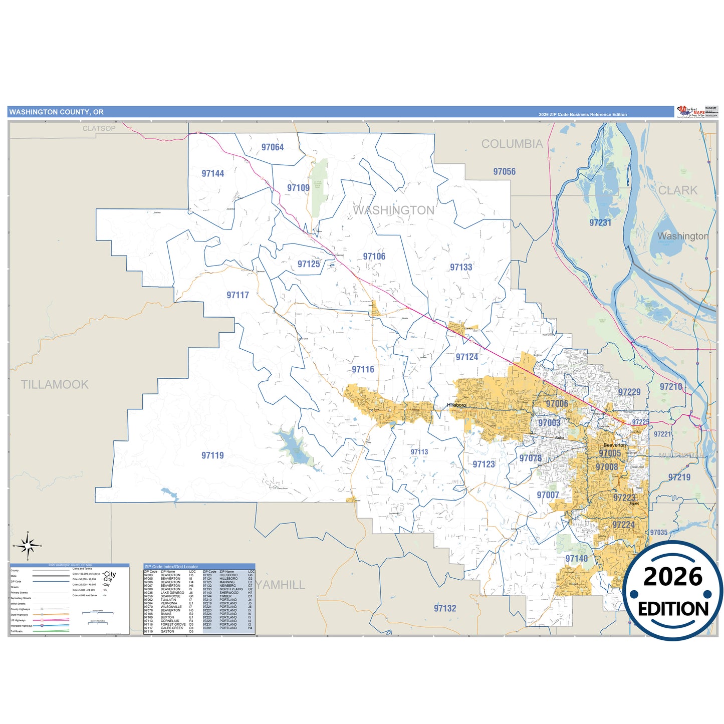 Washington County, OR Business Reference 5 Digit ZIP Code Wall Map