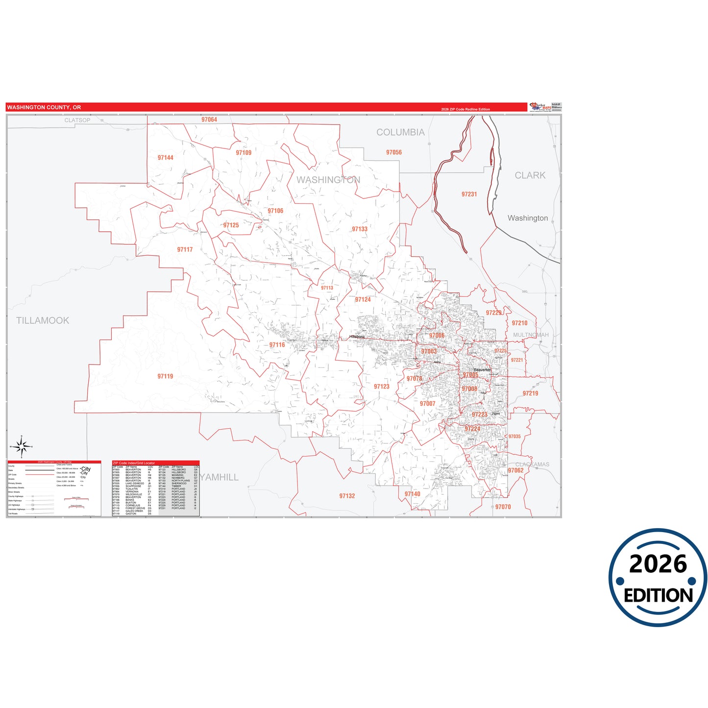 Washington County, OR Red Line 5 Digit ZIP Code Wall Map