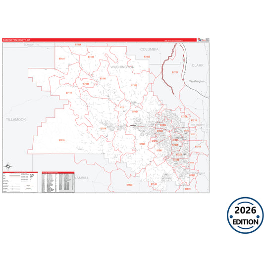 Washington County, OR Red Line 5 Digit ZIP Code Wall Map