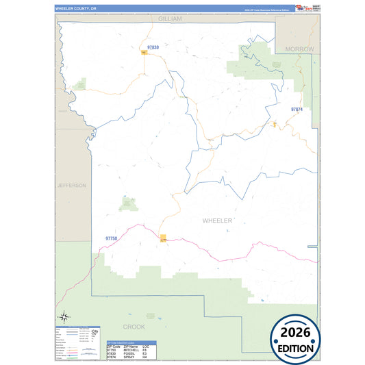 Wheeler County, OR Business Reference 5 Digit ZIP Code Wall Map