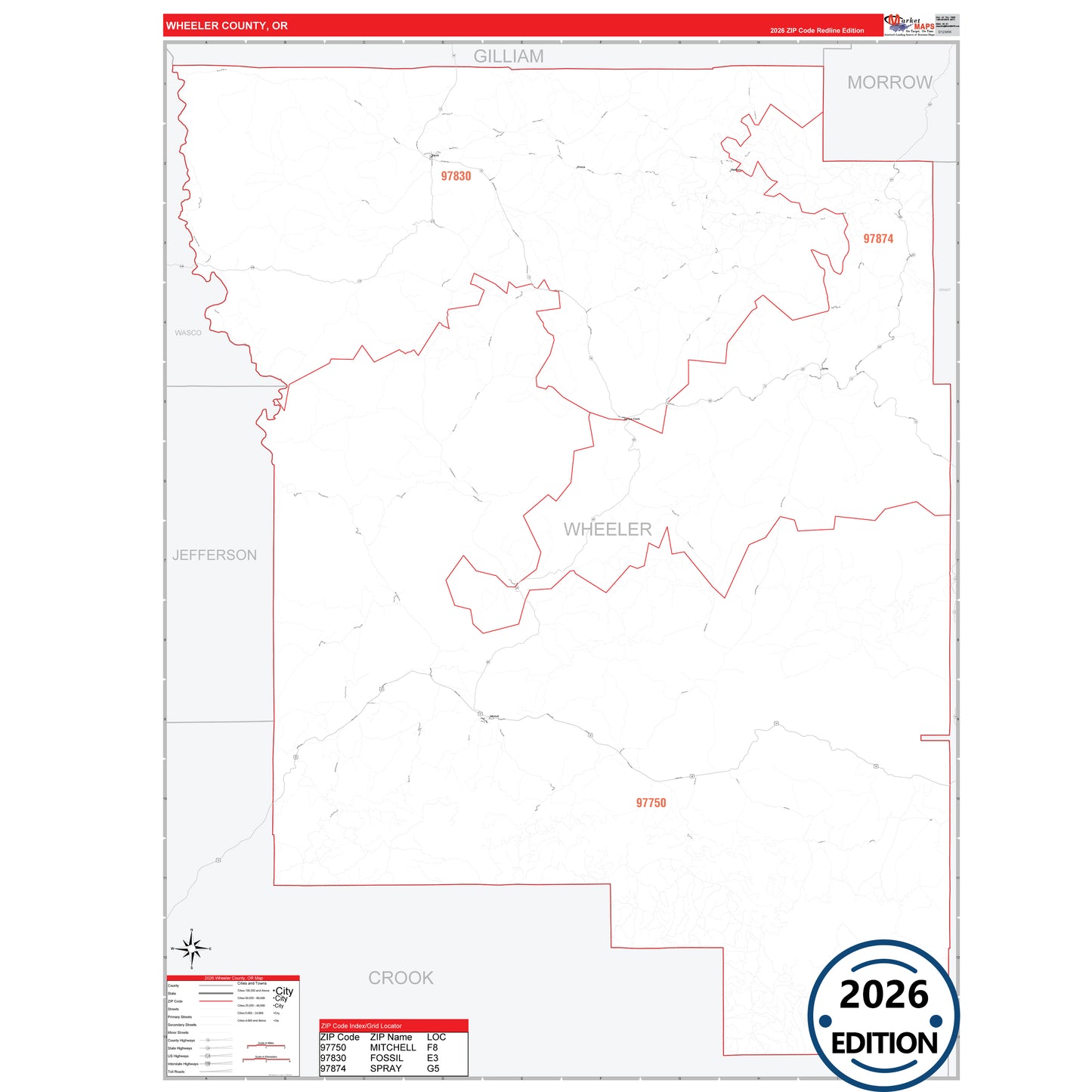 Wheeler County, OR Red Line 5 Digit ZIP Code Wall Map
