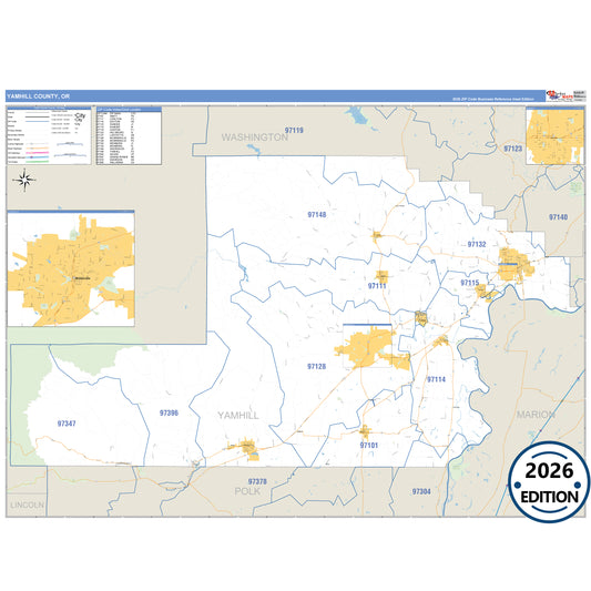 Yamhill County, OR Business Reference 5 Digit ZIP Code Wall Map