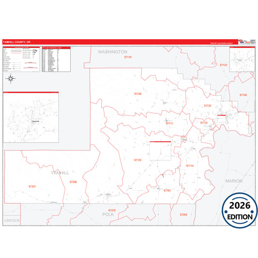 Yamhill County, OR Red Line 5 Digit ZIP Code Wall Map