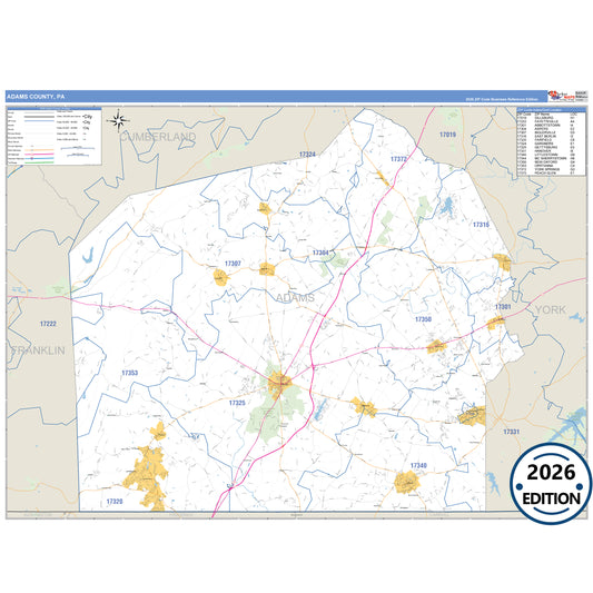 Adams County, PA Business Reference 5 Digit ZIP Code Wall Map