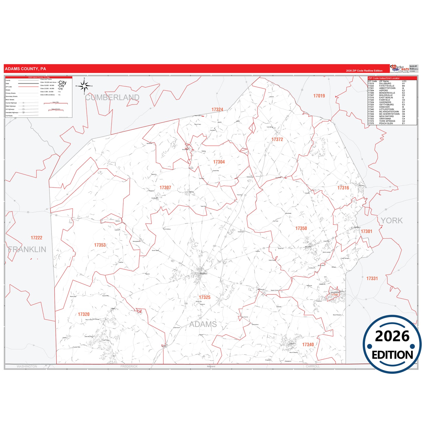 Adams County, PA Red Line 5 Digit ZIP Code Wall Map