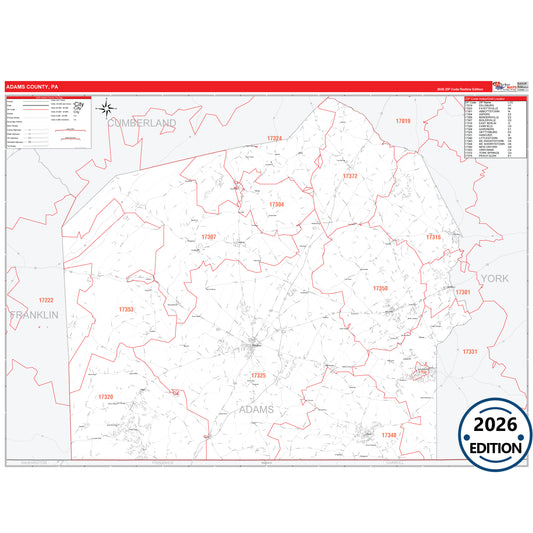 Adams County, PA Red Line 5 Digit ZIP Code Wall Map