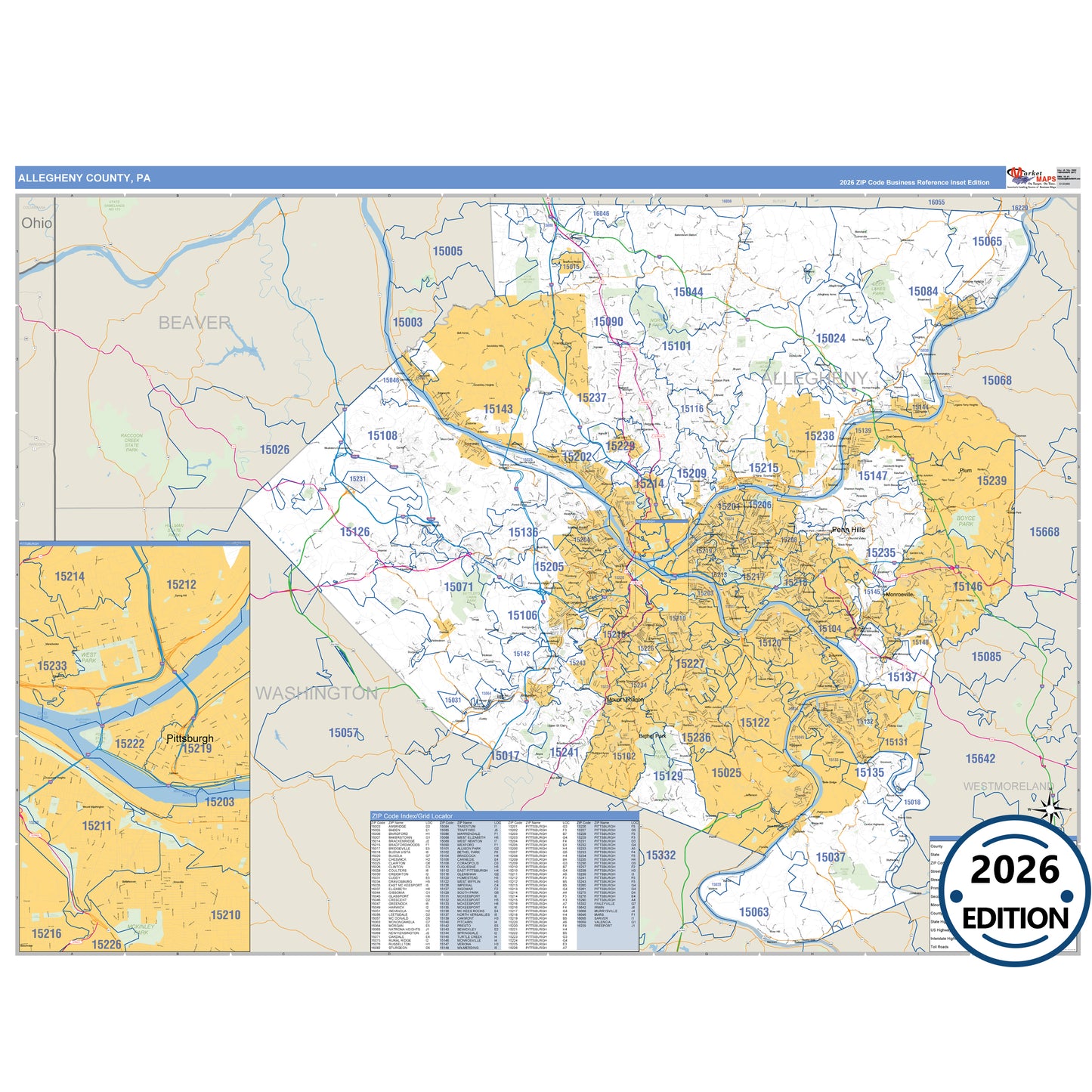 Allegheny County, PA Business Reference 5 Digit ZIP Code Wall Map