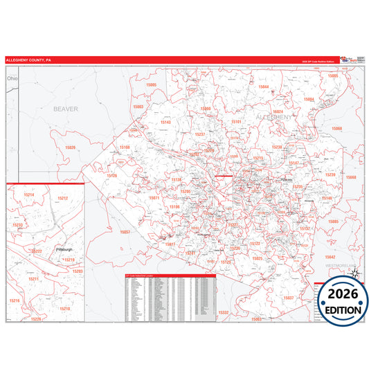 Allegheny County, PA Red Line 5 Digit ZIP Code Wall Map