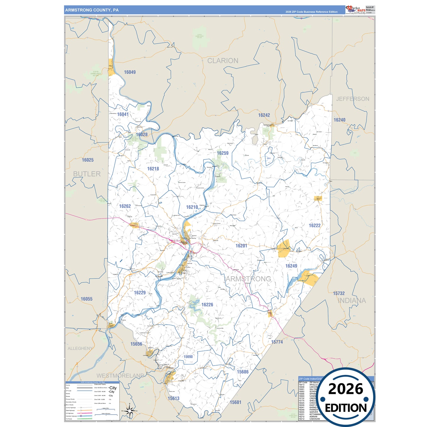 Armstrong County, PA Business Reference 5 Digit ZIP Code Wall Map