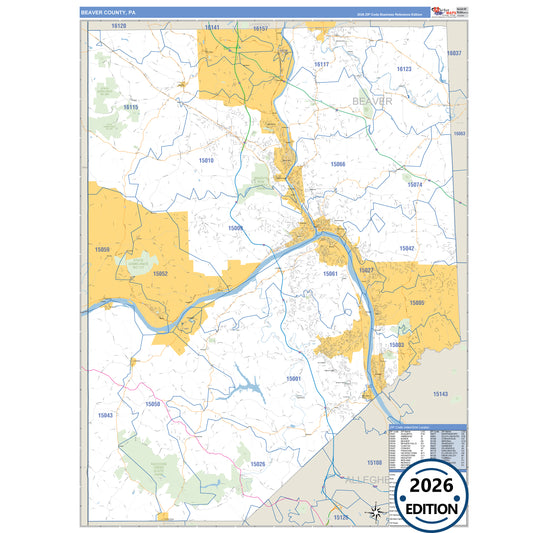 Beaver County, PA Business Reference 5 Digit ZIP Code Wall Map