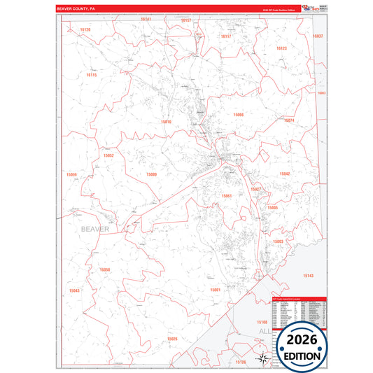 Beaver County, PA Red Line 5 Digit ZIP Code Wall Map