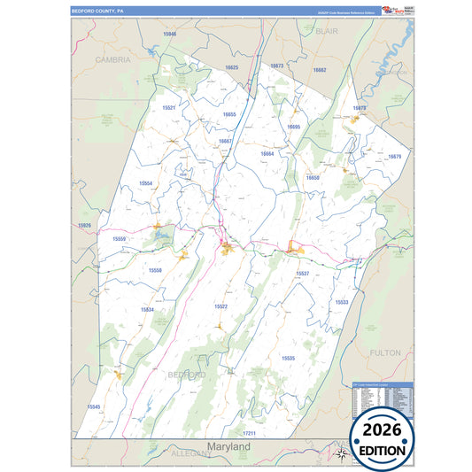 Bedford County, PA Business Reference 5 Digit ZIP Code Wall Map