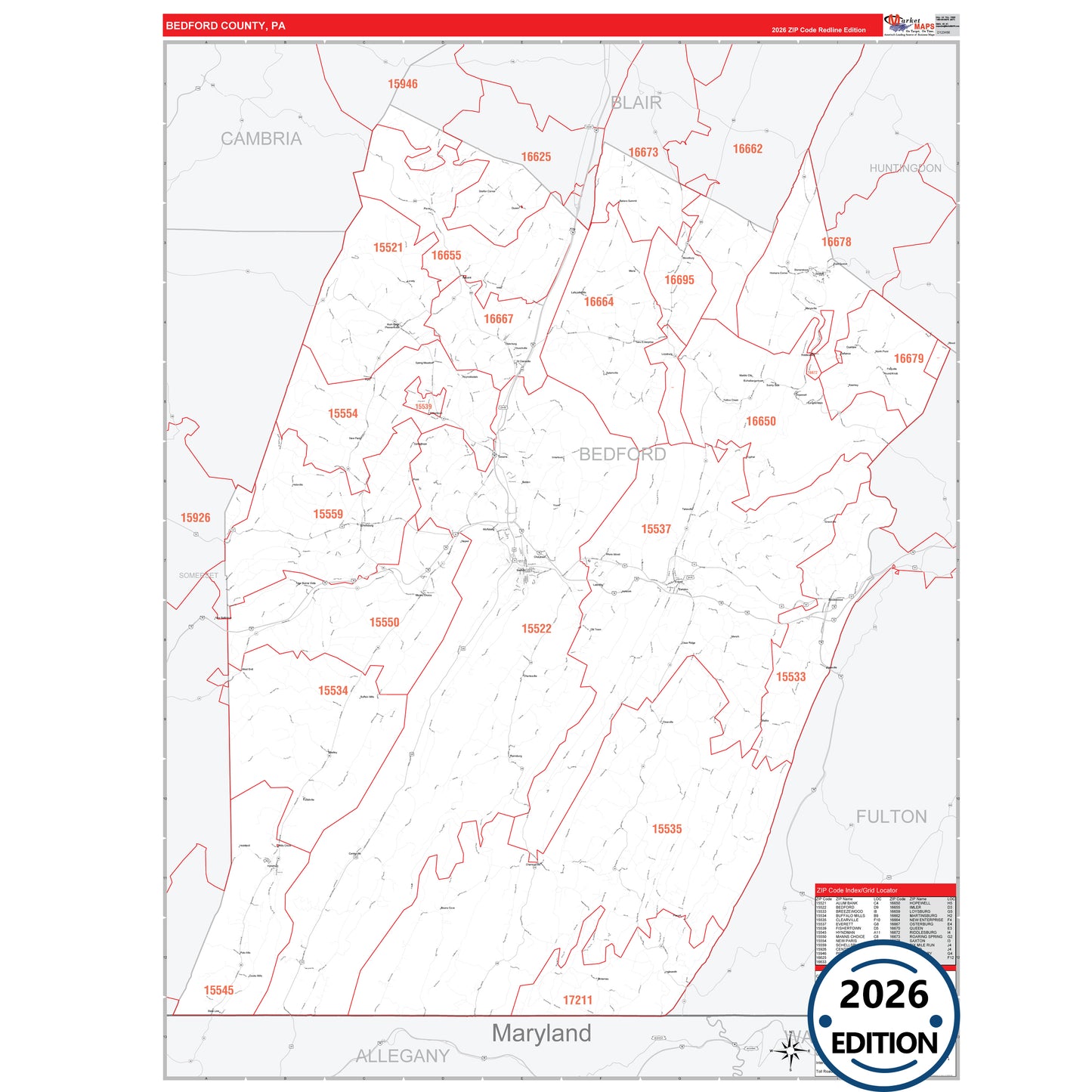 Bedford County, PA Red Line 5 Digit ZIP Code Wall Map
