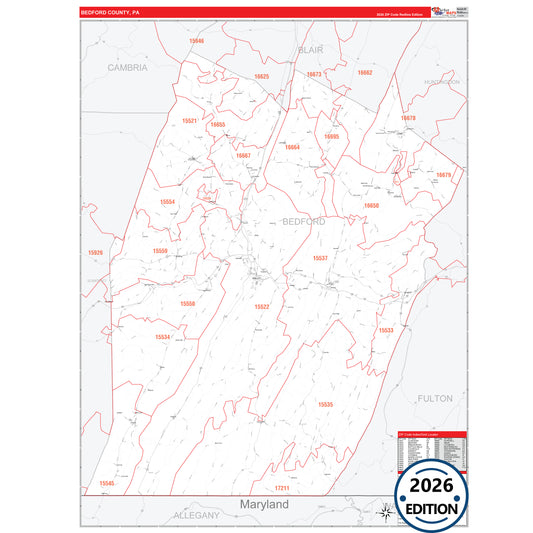 Bedford County, PA Red Line 5 Digit ZIP Code Wall Map
