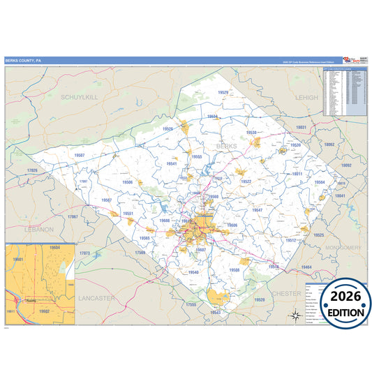 Berks County, PA Business Reference 5 Digit ZIP Code Wall Map