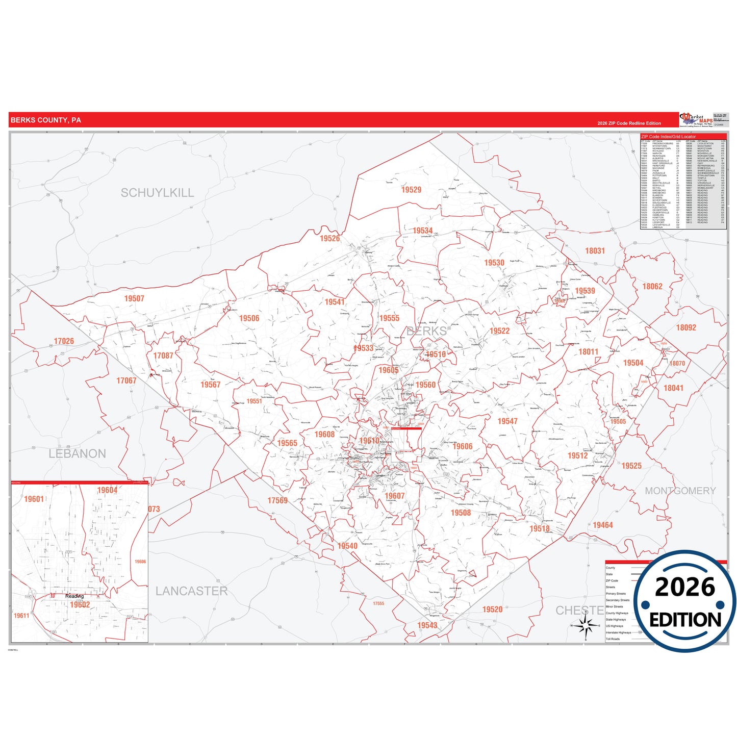 Berks County, PA Red Line 5 Digit ZIP Code Wall Map