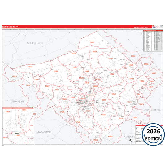 Berks County, PA Red Line 5 Digit ZIP Code Wall Map