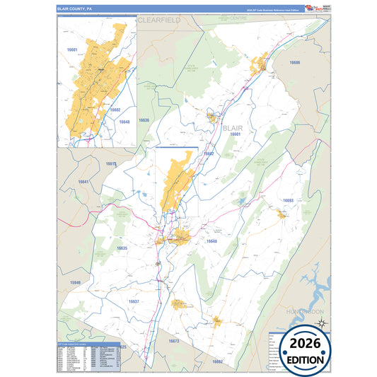 Blair County, PA Business Reference 5 Digit ZIP Code Wall Map