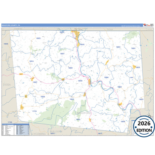 Bradford County, PA Business Reference 5 Digit ZIP Code Wall Map