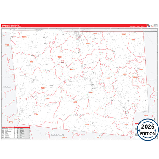 Bradford County, PA Red Line 5 Digit ZIP Code Wall Map