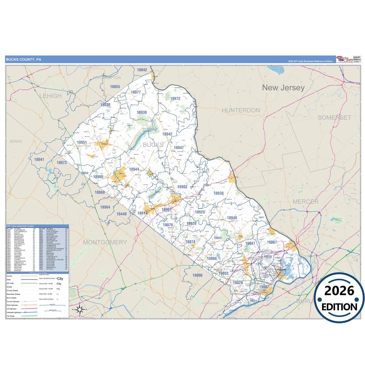 Bucks County, PA Business Reference 5 Digit ZIP Code Wall Map