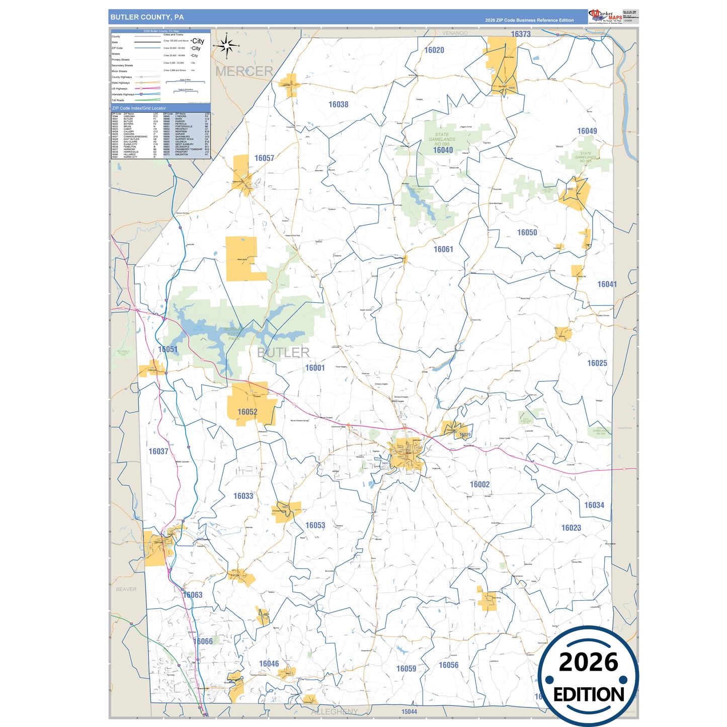 Butler County, PA Business Reference 5 Digit ZIP Code Wall Map