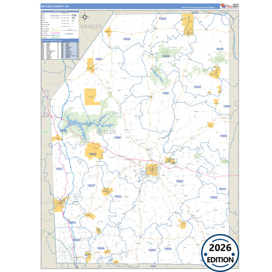 Butler County, PA Business Reference 5 Digit ZIP Code Wall Map