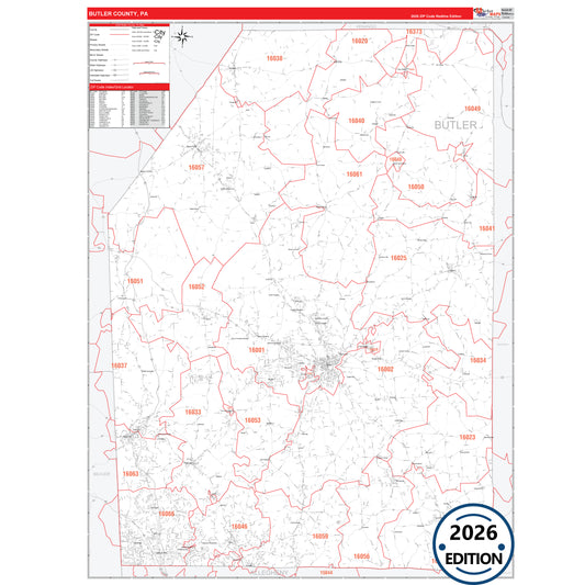 Butler County, PA Red Line 5 Digit ZIP Code Wall Map