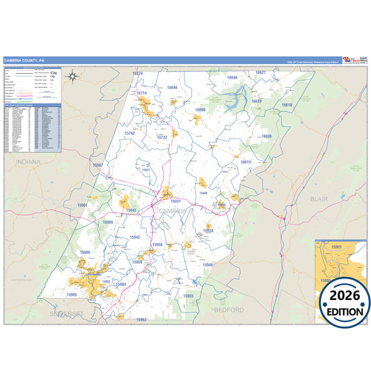 Cambria County, PA Business Reference 5 Digit ZIP Code Wall Map