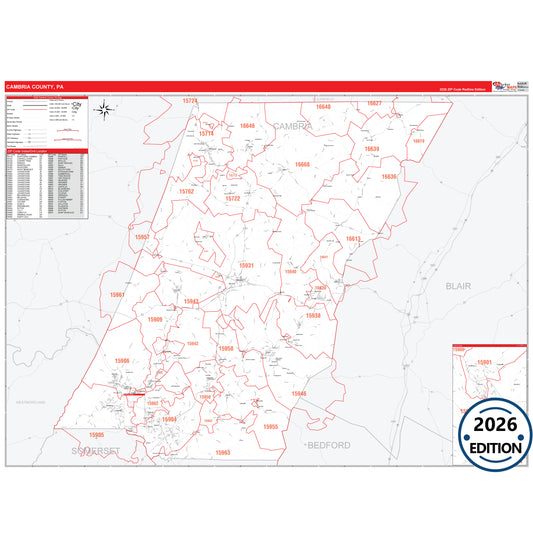 Cambria County, PA Red Line 5 Digit ZIP Code Wall Map