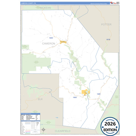 Cameron County, PA Business Reference 5 Digit ZIP Code Wall Map