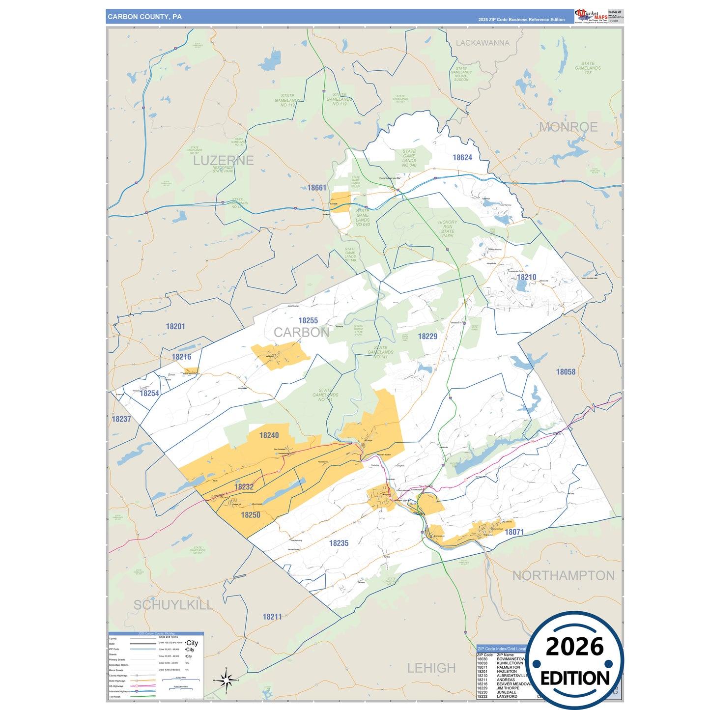 Carbon County, PA Business Reference 5 Digit ZIP Code Wall Map