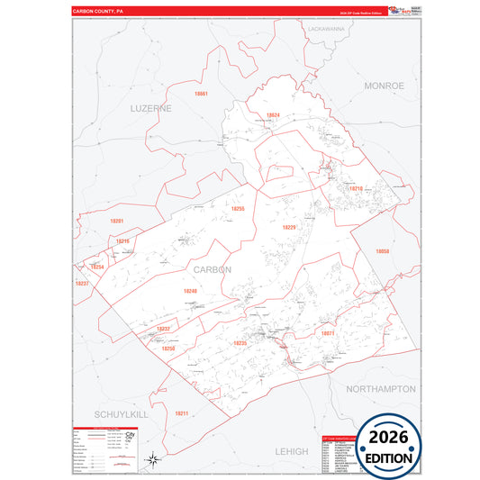 Carbon County, PA Red Line 5 Digit ZIP Code Wall Map