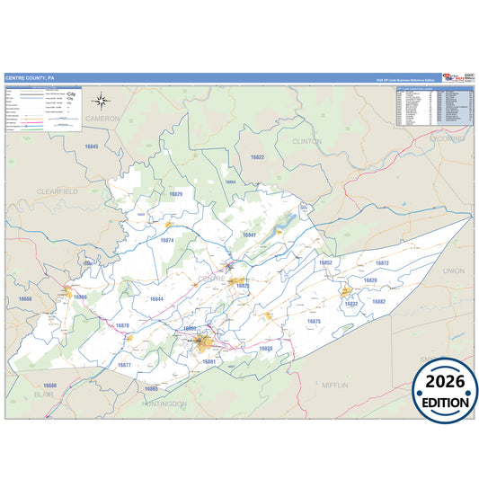 Centre County, PA Business Reference 5 Digit ZIP Code Wall Map