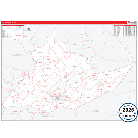 Centre County, PA Red Line 5 Digit ZIP Code Wall Map
