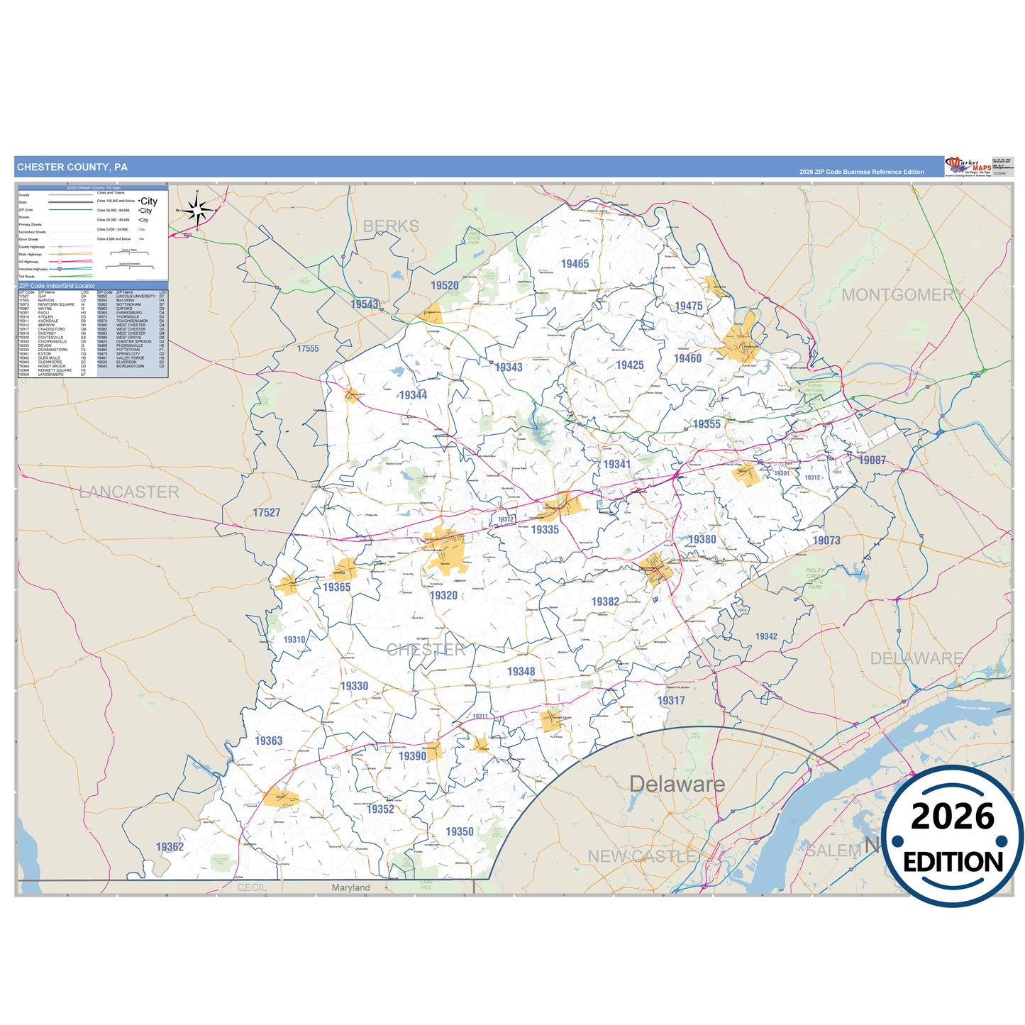 Chester County, PA Business Reference 5 Digit ZIP Code Wall Map
