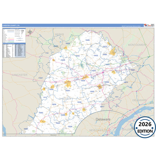 Chester County, PA Business Reference 5 Digit ZIP Code Wall Map