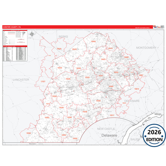 Chester County, PA Red Line 5 Digit ZIP Code Wall Map