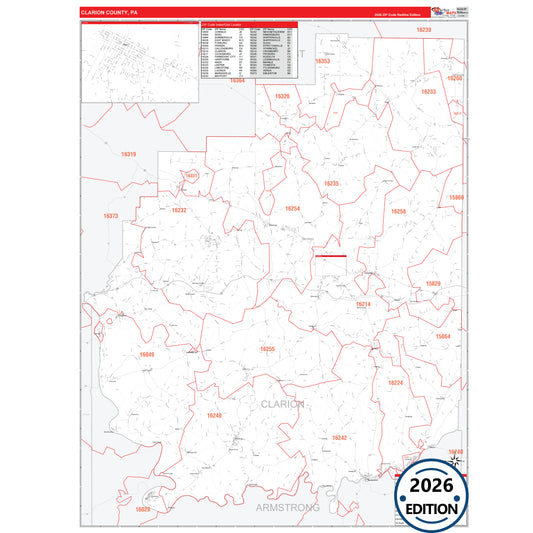 Clarion County, PA Red Line 5 Digit ZIP Code Wall Map