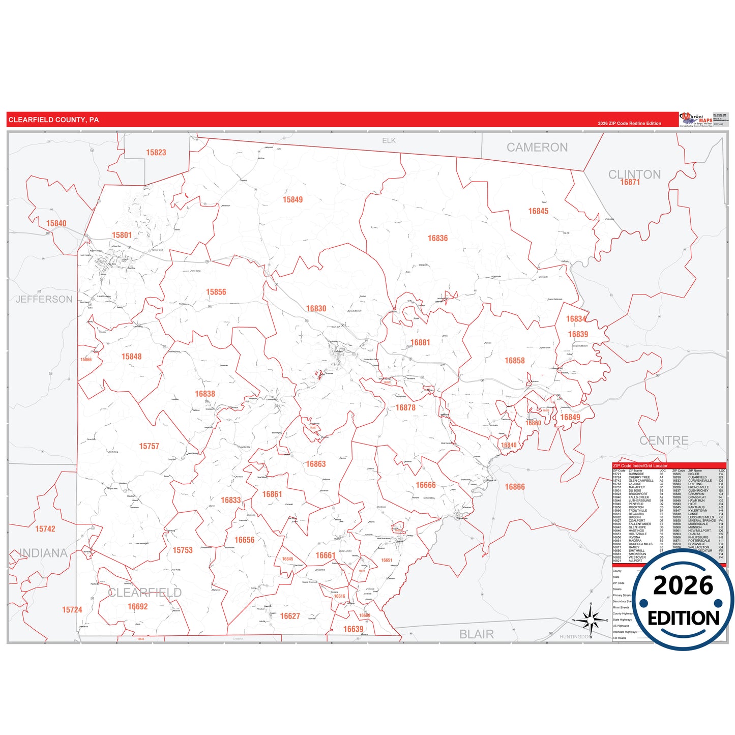Clearfield County, PA Red Line 5 Digit ZIP Code Wall Map