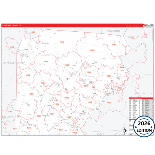 Clearfield County, PA Red Line 5 Digit ZIP Code Wall Map