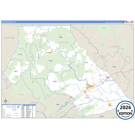 Clinton County, PA Business Reference 5 Digit ZIP Code Wall Map