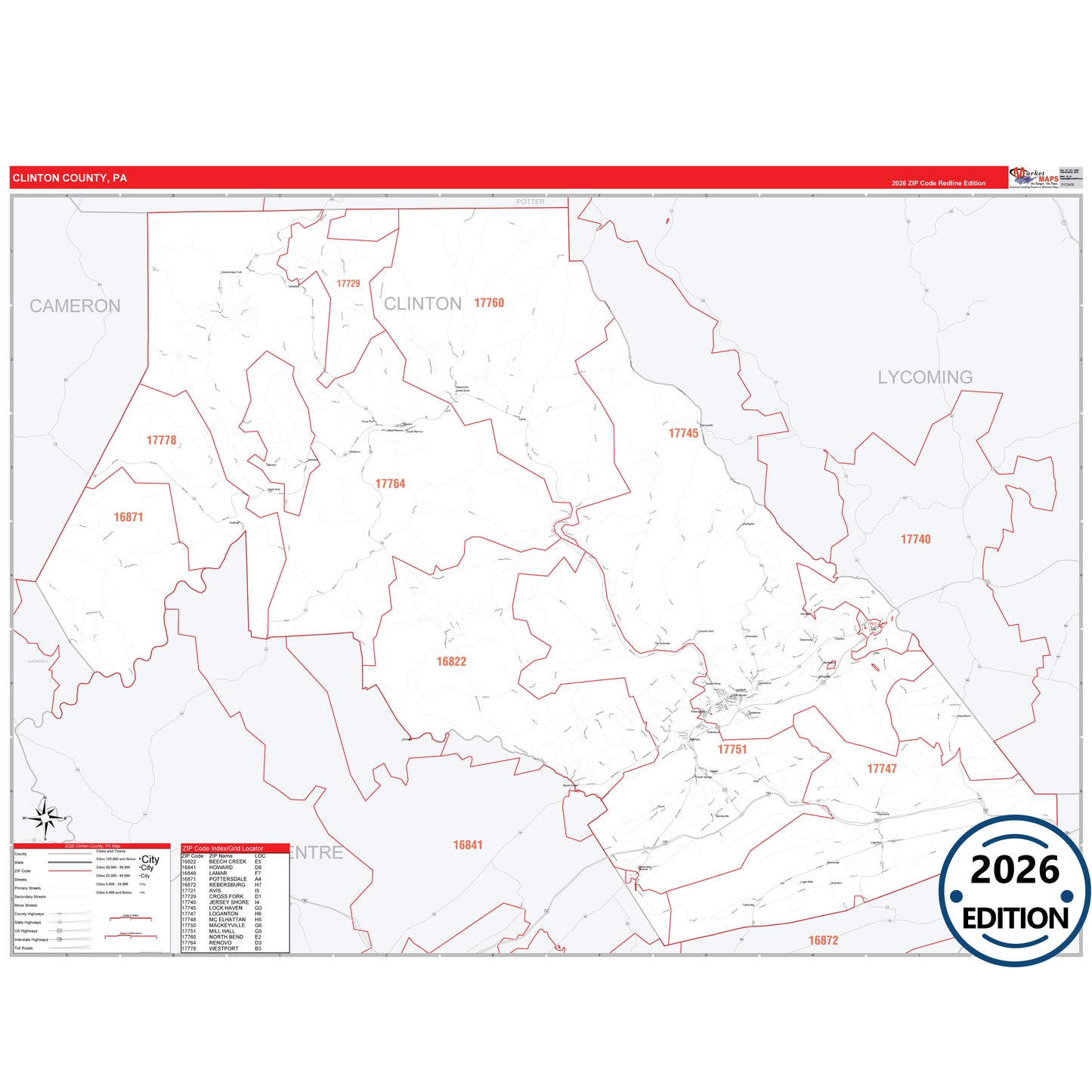 Clinton County, PA Red Line 5 Digit ZIP Code Wall Map
