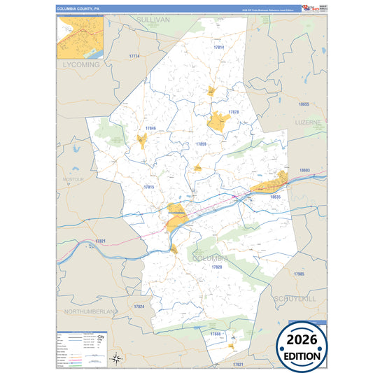 Columbia County, PA Business Reference 5 Digit ZIP Code Wall Map